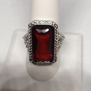 🌷 Huge Princess Cut Ruby SP Ring / SZ 9.5🌷